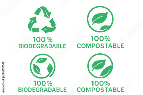 A set of six green recycling leaves symbols on a white background, representing a 100% biodegradable and compostable icon, logo, or sign, embodying the concept of zero waste, eco-friendliness, and
