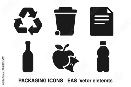 A collection of packaging icons designed for recycling sorting purposes, featuring high-contrast vector elements that scale well and are immediately available for incorporation into your design