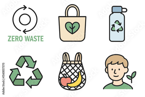 A simple set of outline icons related to zero waste, representing an ecology concept