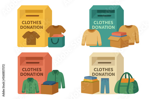 A set of flat vector illustrations featuring clothes donation boxes