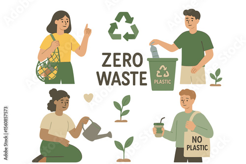 Vector illustrations in flat web design depicting a zero waste concept with character situations collection, showcasing people leading an eco-friendly lifestyle and taking care of the environment by