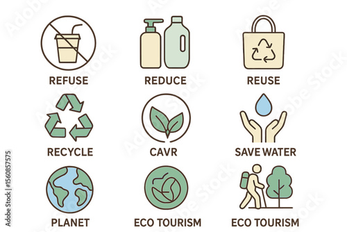 A set of flat line icons representing a zero waste lifestyle, including refuse, reduce, reuse, recycle, and eco-friendly symbols, available as a vector illustration with editable stroke and pixel