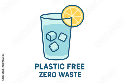 Flat vector illustration of a glass containing water with ice and lemon, representing a plastic-free and zero-waste concept