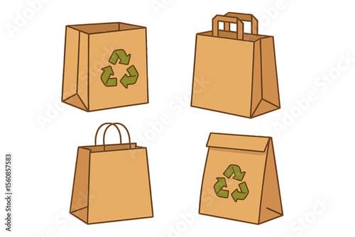 Vector illustrations set of recyclable paper bags, featuring cartoon drawings of eco-friendly packaging for food or grocery shopping in stores, isolated on a white background, representing recycling