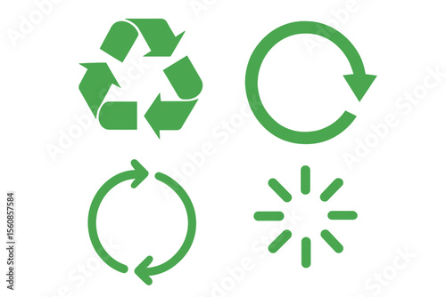 Eco logo zero waste concept, represented by a collection of recycling icons, including a vector set of green circle arrows isolated on a white background, featuring a rotate arrow and spinning