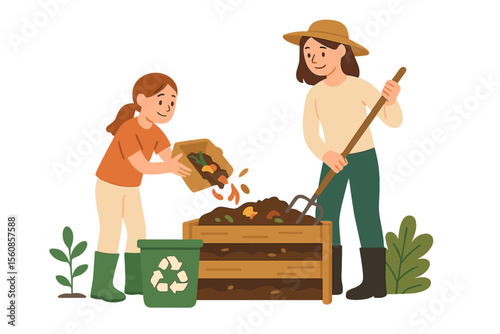 A girl and woman are creating compost together outside in the garden, illustrating a recycling concept through composting