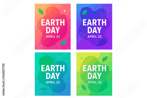 A compilation of Earth Day posters featuring gradient backgrounds, fluid shapes, small leaves, and geometric elements, ideal for designing prints, flyers, covers, banners, and other eco-friendly