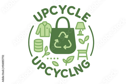 Vector illustration of a green bag print, featuring a silhouette round template for posters and banners, with a DIY outline emblem, emphasizing the reuse of waste and old things, and incorporating