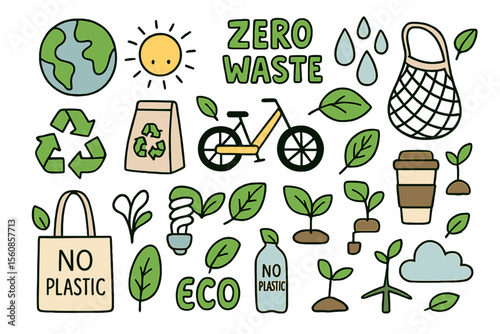 Collection of environmental doodles and cartoon elements for ecological sustainability, including a kids coloring page, with zero waste illustration suitable for stickers, prints, cards, and clip art