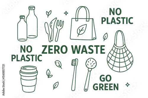 The Zero Waste concept incorporates various items and elements, including glass bottles, eco-friendly grocery bags, bamboo cutlery, a toothbrush and brush, and a reusable cup, all of which promote an