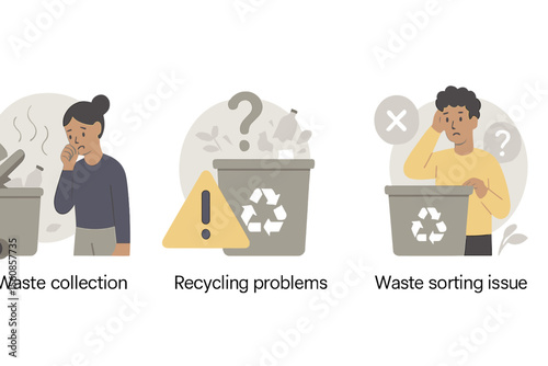 Vector illustrations representing abstract concepts of waste collection and recycling issues