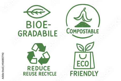 Eco friendly packaging badges, featuring a biodegradable and compostable sign, reduce, reuse and recycle concept emblems, in a hand drawn line illustration style, set of green ecological symbols