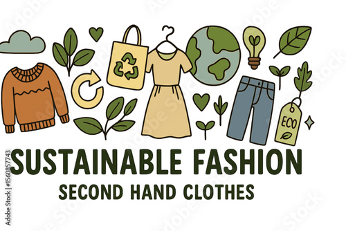 Eco-friendly environment with doodle vector illustration of a banner containing second-hand clothes, representing sustainable fashion