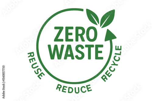 Eco life design concept featuring a green zero waste logo, emphasizing a lifestyle of reuse, reduce, and recycle