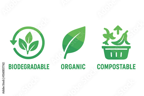 A set of biodegradable, organic, and compostable icons, featuring three green gradient eco-friendly signs on a white background, symbolizing ecological, organic farming, and a healthy lifestyle