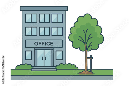 A corporate office building proudly showcases a newly planted tree at its entrance, symbolizing its commitment to sustainability and