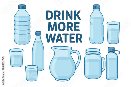 Collection of bottles, emphasizing the importance of hydration with plastic water bottles, glasses, jugs, jars, and flasks filled with clean water, all isolated on a white background