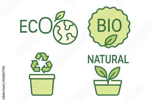 Eco-friendly badges, organic packaging, and sustainable development illustrations, featuring natural ingredients and cosmetics, represented through simple line icons and vector artwork