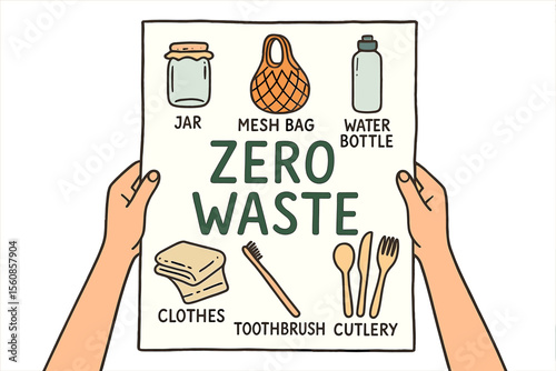 A hand-drawn poster featuring arms holding a reusable bag, with durable items and no plastic, isolated on a white background, promoting zero waste bags