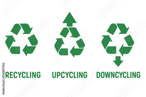 Symbols for zero waste lifestyle, including vector recycling, upcycling and downcycling signs, on a white background, for use in ecological design and promoting green reuse