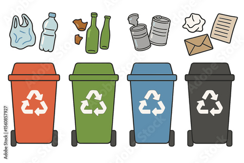 A set of colorful recycling bins and various types of garbage are depicted in clipart form, featuring simple red, green, blue, and black dustbins alongside plastic, glass, metal, and paper waste