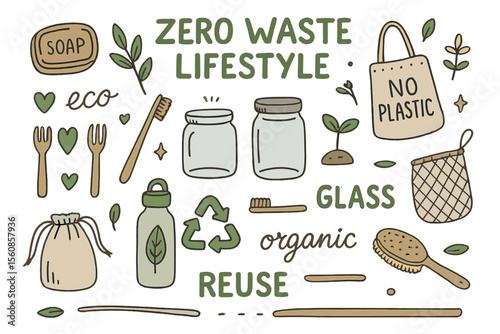 A hand-drawn set representing a zero waste lifestyle, depicted as a vector doodle illustration with an ecological and natural background