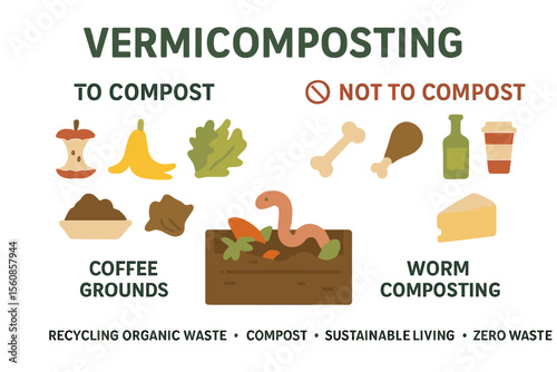 Illustrated guide to vermicomposting, including composting dos and don'ts, worm composting, recycling organic waste, and sustainable zero-waste living concepts