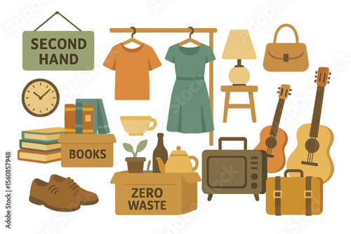 Flat vector illustration representing a set of used goods and clothes found in a second-hand store or at a garage sale, symbolizing reuse and zero waste concept