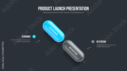 Company Launch Frame Layout Vector Illustration. Creative Portfolio Two Option Infographic Slideshow Design. Corporate Solution 2 Element Diagram Slide Template.
