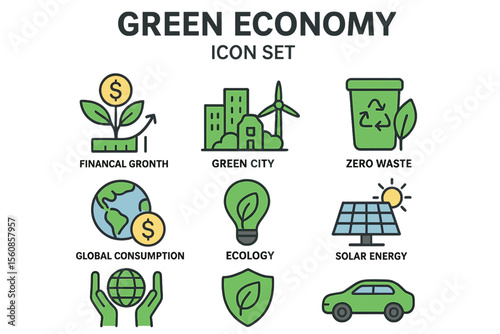 Green economy line editable icon set, featuring financial growth, green city, zero waste, global consumption, ecology, solar energy, and more, with editable stroke, presented as a vector illustration