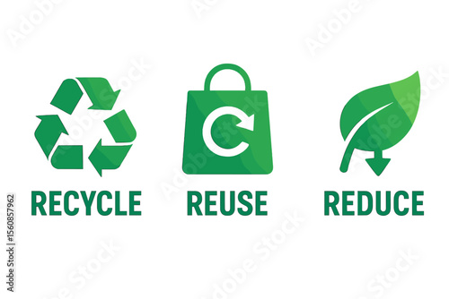 A set of signs featuring the phrases reduce, reuse, and recycle, represented by three distinct green gradient icons, symbolizing ecology, sustainability, and conscious consumerism, available as a