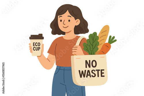 A cute girl shops without waste, carrying a reusable cup and an eco-friendly bag filled with fresh food, as depicted in a vector illustration