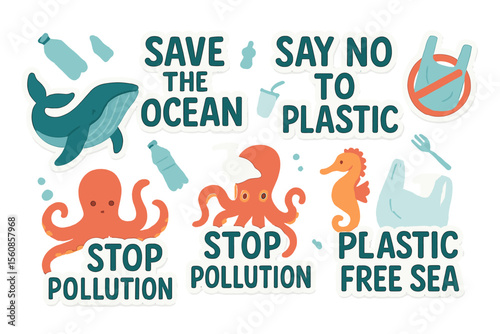 Protect the Ocean with Ecology Stickers Featuring Lettering that Promotes Saying No to Plastic, Stopping Ocean Pollution for a Plastic-Free Sea, and Highlights Sea Animals like Whales, Octopuses, and
