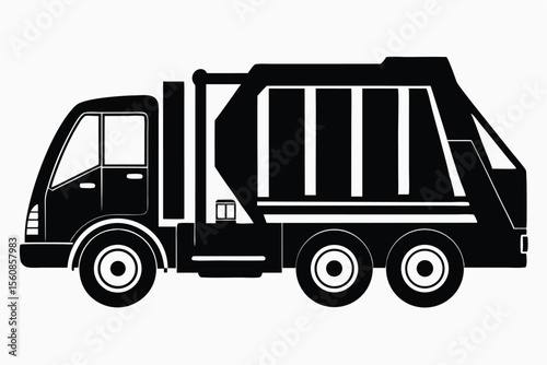Bold Silhouette of a Waste Truck, Three Axles, Simple Design Illustration