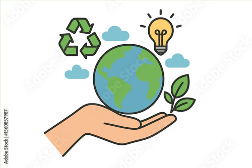 Illustration of a human hand holding a globe, incorporating symbols of recycling, energy efficiency, foliage, and clouds, representing World Environment Day and promoting an eco-friendly, zero-waste