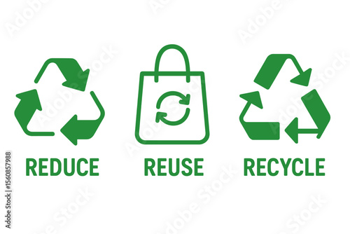 Icon set for reduce, reuse, recycle, focusing on ecology, zero waste, sustainability, and conscious consumerism, featuring three green signs and a vector illustration in flat style clip art
