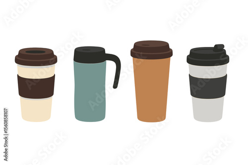 Isolated vector illustrations in flat style on a white background, depicting various thermos designs, including tumblers with lids, travel thermo mugs, and reusable cups for hot beverages