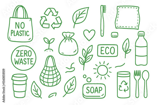 Creating illustrations of zero waste and eco-friendly objects, including icons, symbols, and signs that promote sustainability