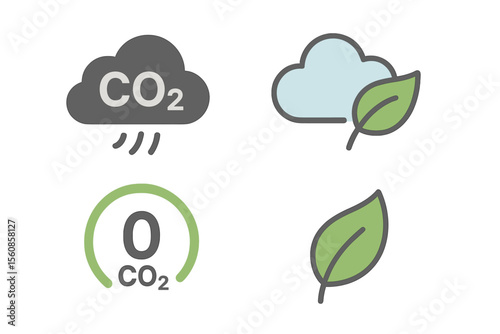 zero emissions icon set, representing co2 emissions, carbon dioxide pollution, clean air, eco and environment symbol, featuring cloud and leaf