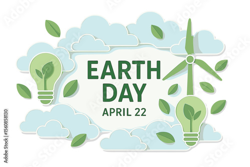 Vector illustration of an Earth Day banner or card featuring a background with clouds and ecology icons in paper cut style, including light bulbs, a wind turbine, and green leaves, with space