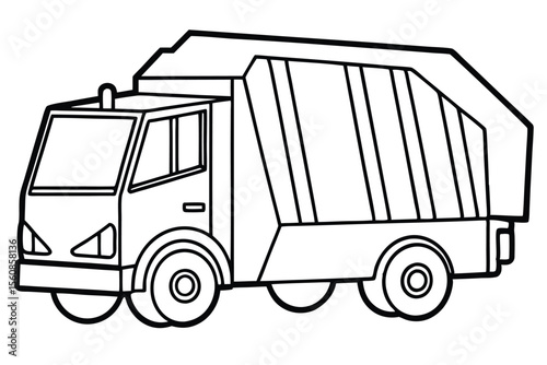 Line Art Illustration of a Cartoon Garbage Truck, Recycling Vehicle, Outline Drawing