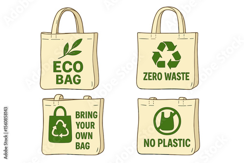 Vector illustration of a realistic set of eco bags featuring zero waste prints