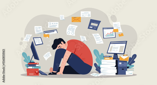 A stressed worker is overwhelmed by a mountain of office paperwork and digital screens in a modern flat design illustration.