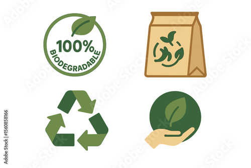 Vector illustration representing a 100% biodegradable icon set, emphasizing compostability, recyclability, eco-friendliness, and sustainability