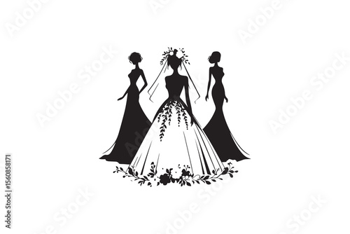  A Weeding dress, silhouette with a simple, understated design set against a white background 