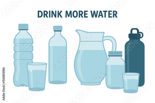 Vector illustration of various containers including glasses, bottles, jugs, jars, and flasks filled with clean water, emphasizing the importance of drinking more water and highlighting different