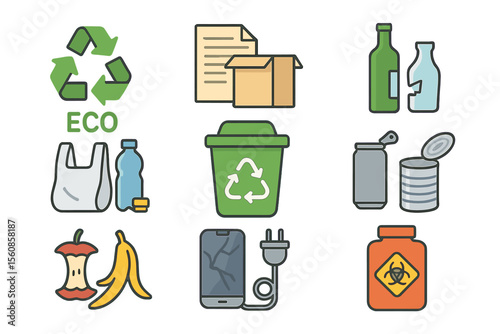 Eco-friendly collection symbol for zero waste and reusable waste, represented by a vector set of diverse recycling garbage waste types sorting processing icons in a safe sign design