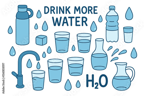 Vector illustration in doodle style depicting the concept of drinking more water with various containers such as thermos, plastic and glass bottles, glasses, and decanter, along with water droplets