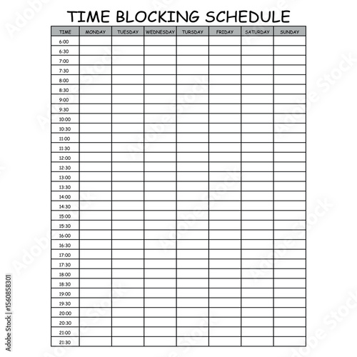 24 Hourly Weekly Schedule - Monday Start. Mockup for daily scheduling and time management. 30-minute increment hourly planner templates. Time Planner.