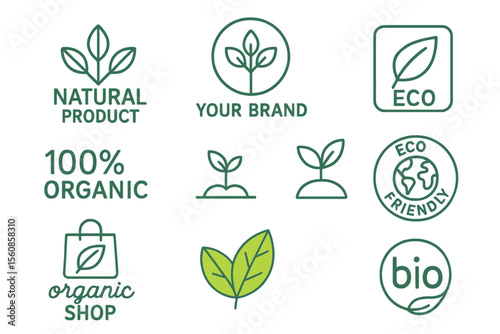 A trendy linear style collection of vector design elements, including logo templates, icons, and badges, tailored for natural and organic ecological products